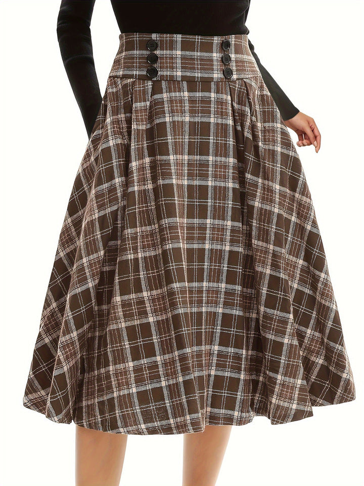 Gonna midi a quadri da donna con vita alta e bottoni decorativi