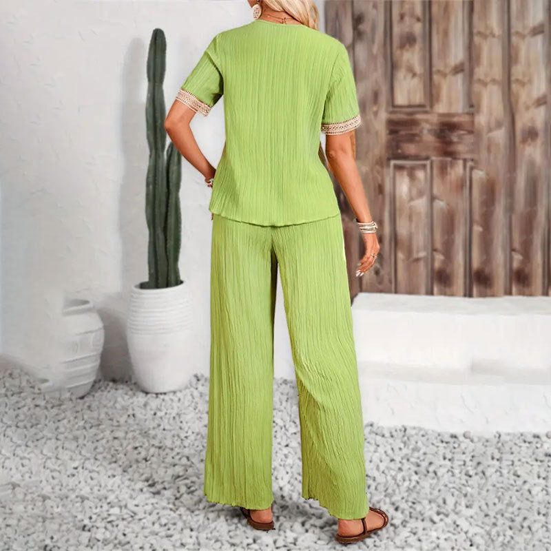 Elegante outfit da donna con decorazioni in pizzo – Top casual e pantaloni comodi per ogni occasione