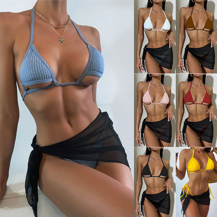 Women's triangle bikini with textured details and trendy wrap skirt