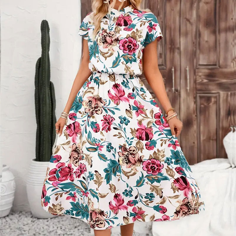 Élégante robe midi florale pour femmes avec manches bouffantes – Polyvalente, féminine et confortable