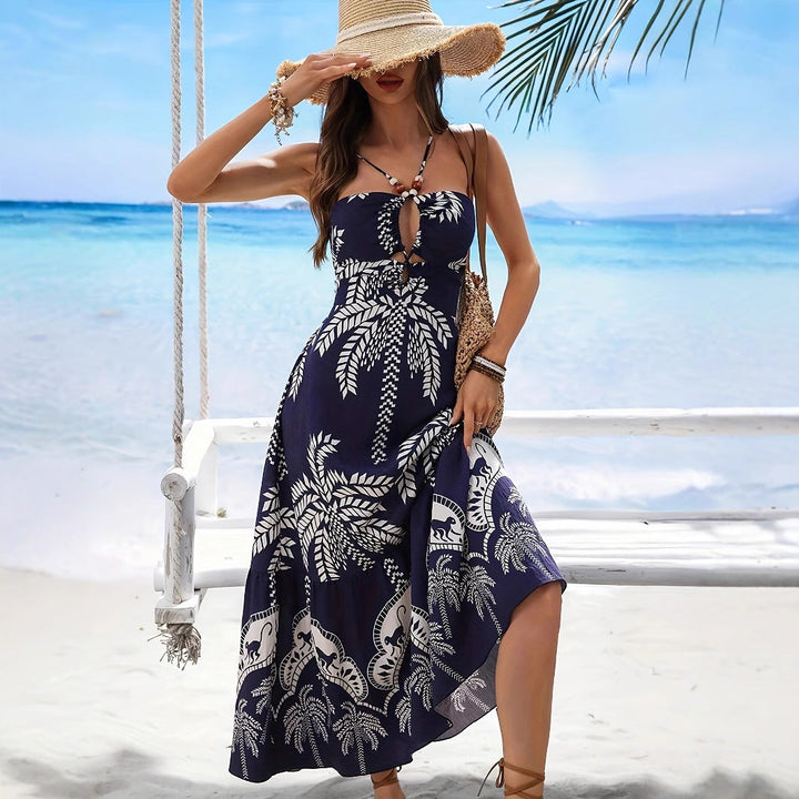 Robe maxi femme avec décolleté en V sophistiqué et imprimé palmier ludique