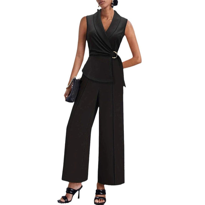 Top avvolgente elegante da donna con pantaloni a gamba larga