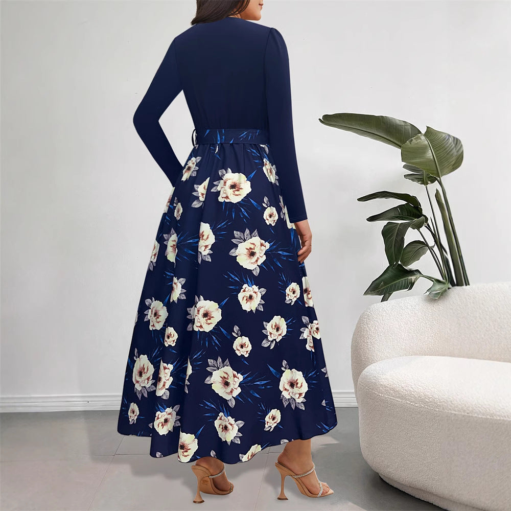 Abito lungo da donna con design moderno a incrocio e accenti floreali