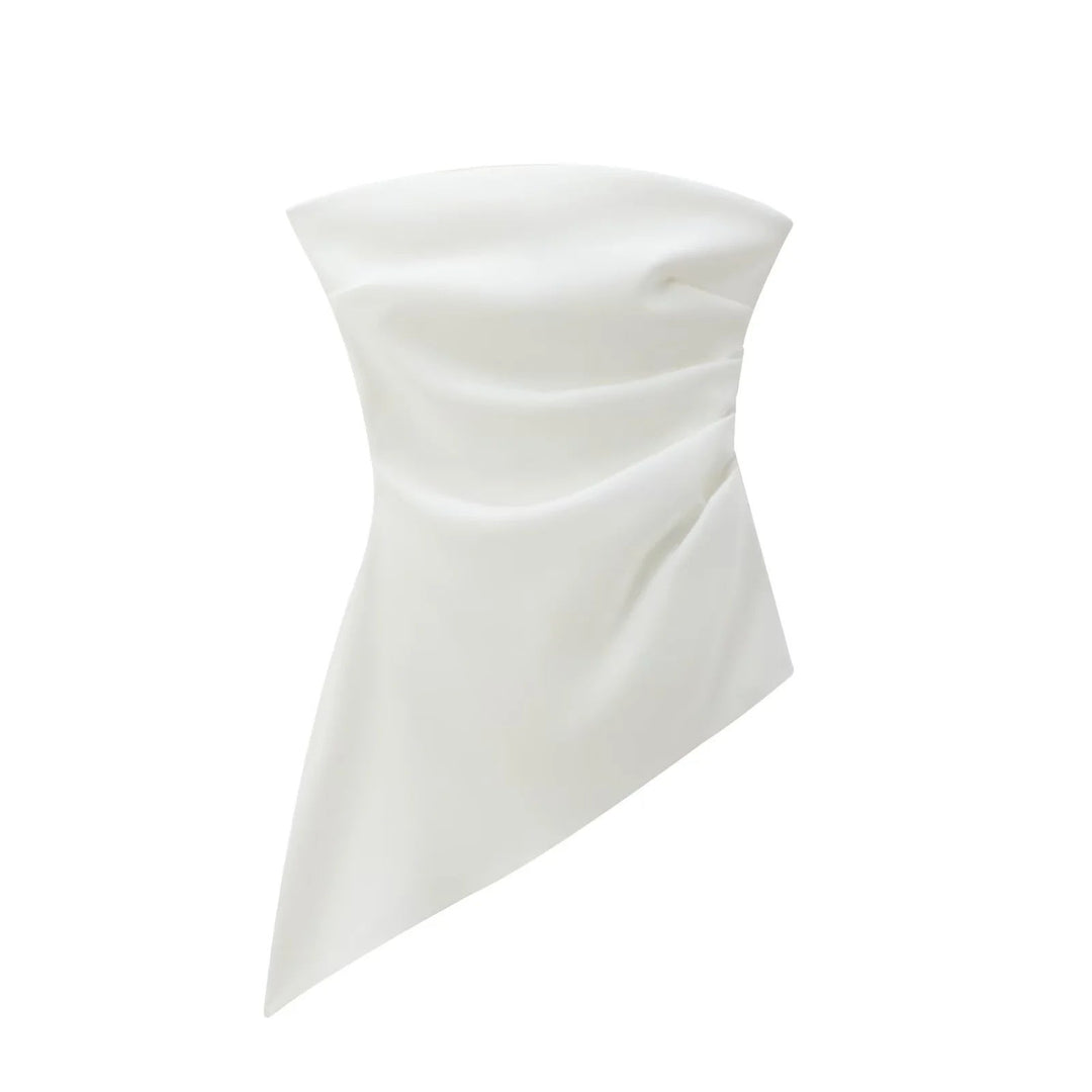 Top asimmetrico da donna in tessuto setoso con drappeggio