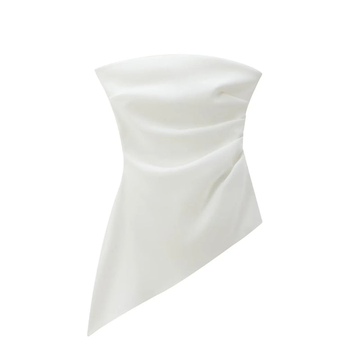 Top asimmetrico da donna in tessuto setoso con drappeggio