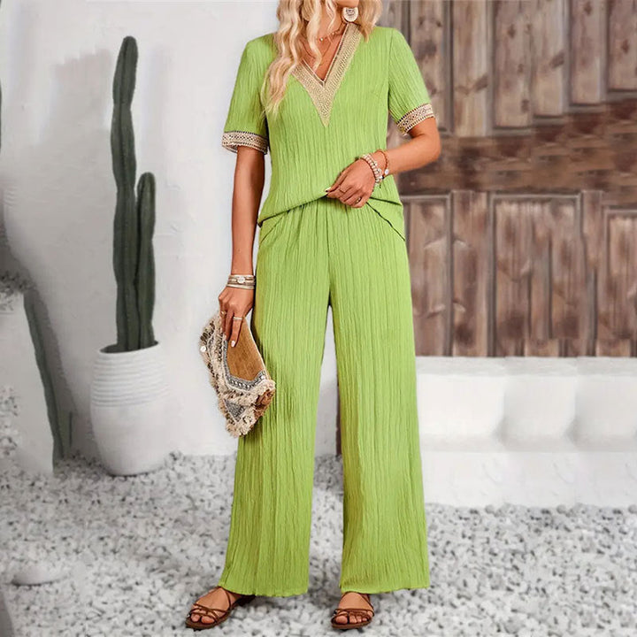 Elegante outfit da donna con decorazioni in pizzo – Top casual e pantaloni comodi per ogni occasione