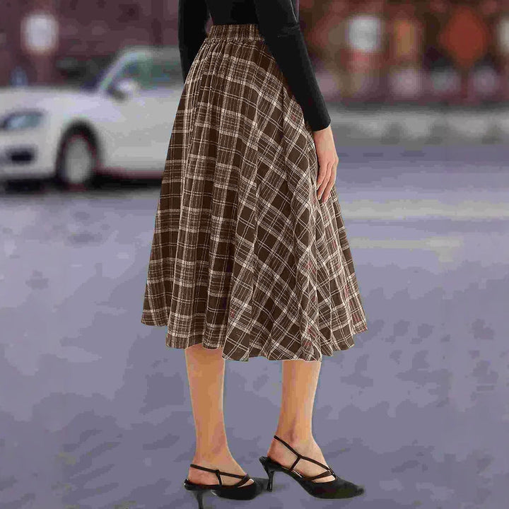 Gonna midi a quadri da donna con vita alta e bottoni decorativi