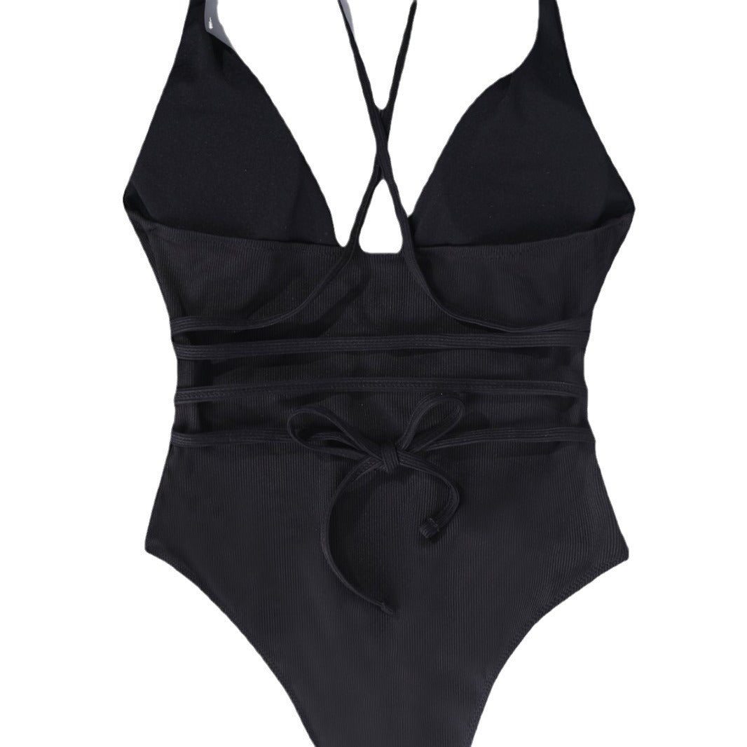 Damen einteiliger Badeanzug mit tiefem V-Ausschnitt und trendigem Rücken-Design