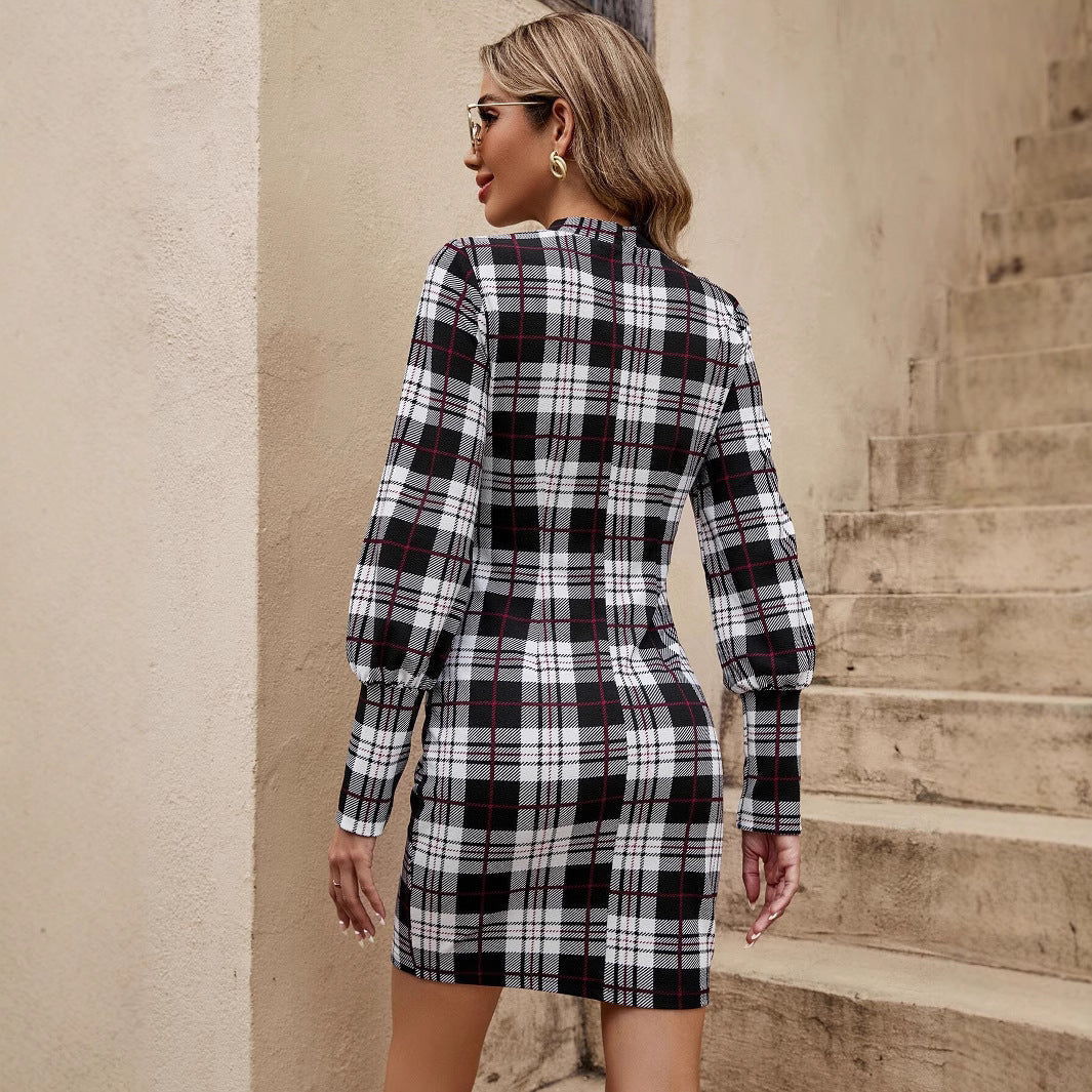 Women's mini dress in a modern check pattern with a trendy waist belt and elegant puff sleeves