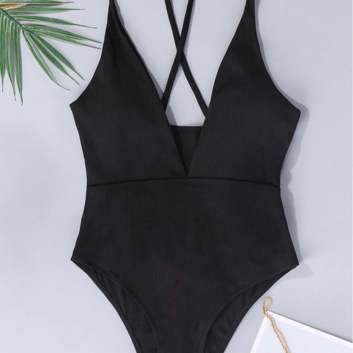 Damen einteiliger Badeanzug mit tiefem V-Ausschnitt und trendigem Rücken-Design