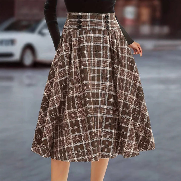 Gonna midi a quadri da donna con vita alta e bottoni decorativi