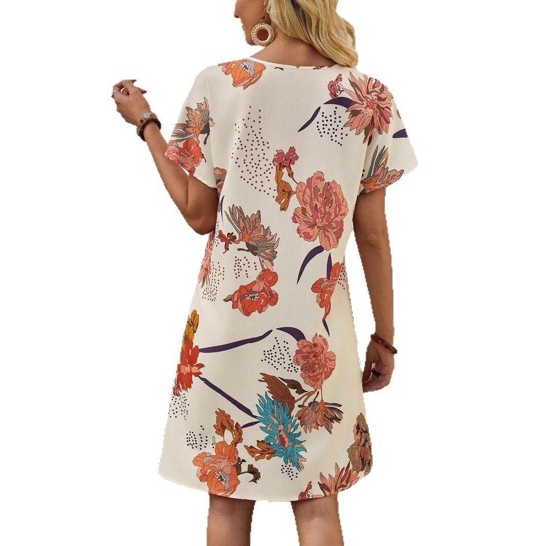 Abito casual da donna con stampa floreale, scollo a V e silhouette lusinghiera