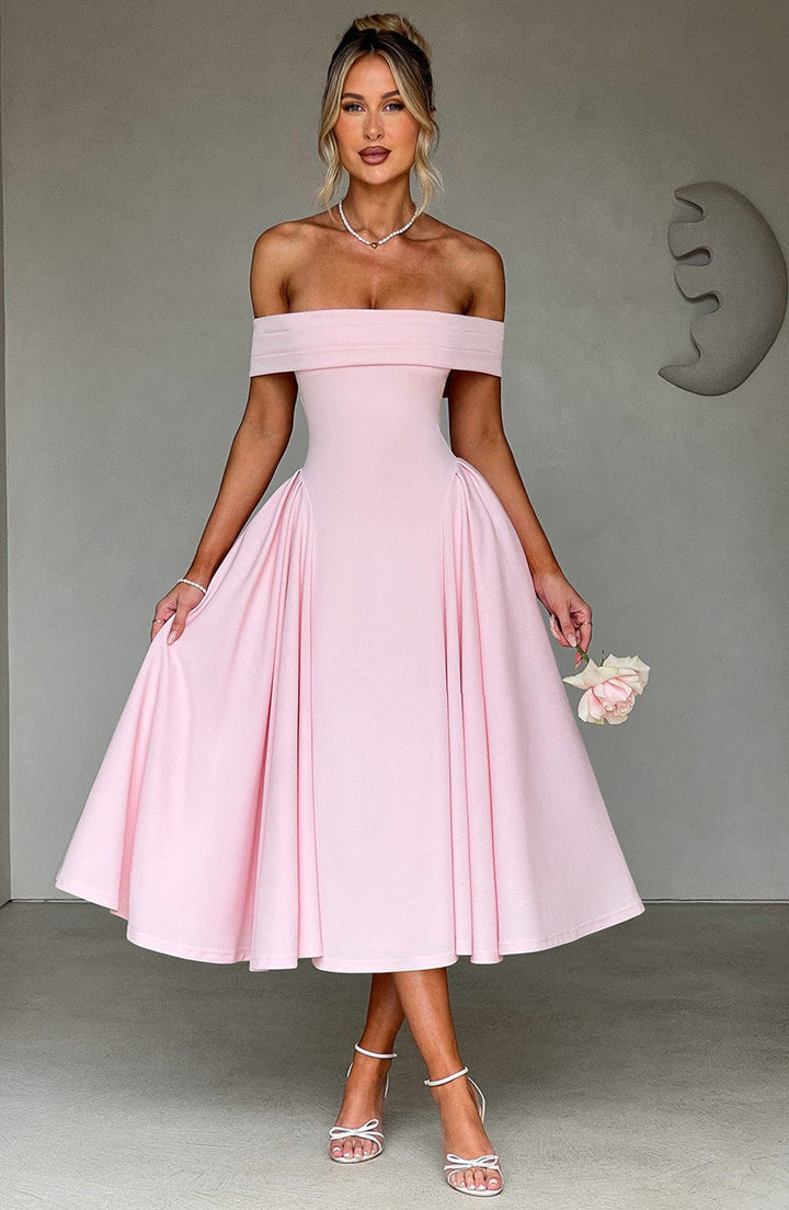 Robe midi femme élégance – épaules dénudées, coupe trapèze, tissu structuré