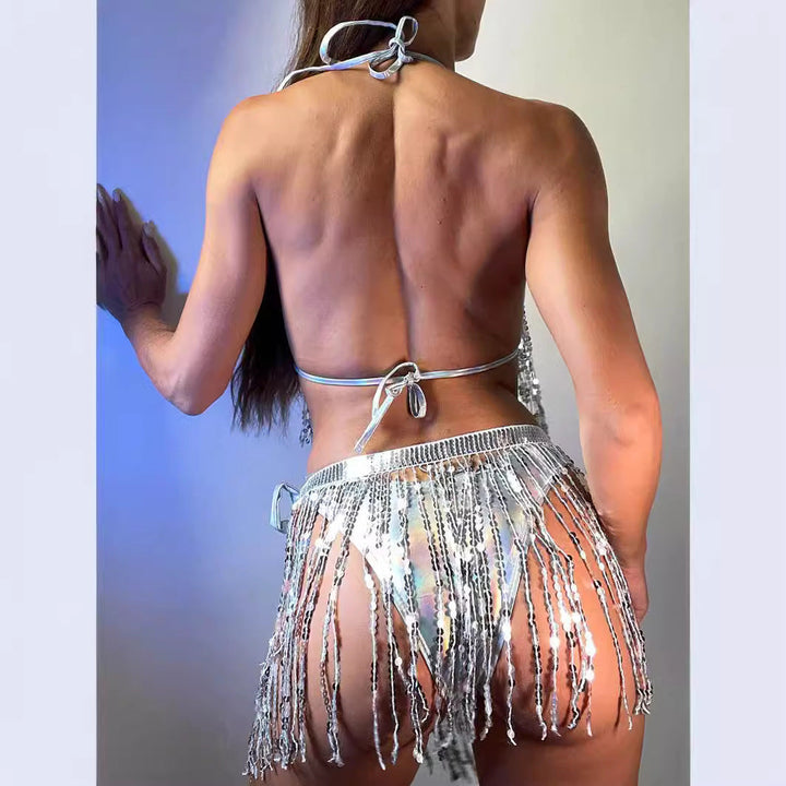 Bikini da donna con paillettes scintillanti e frange eleganti
