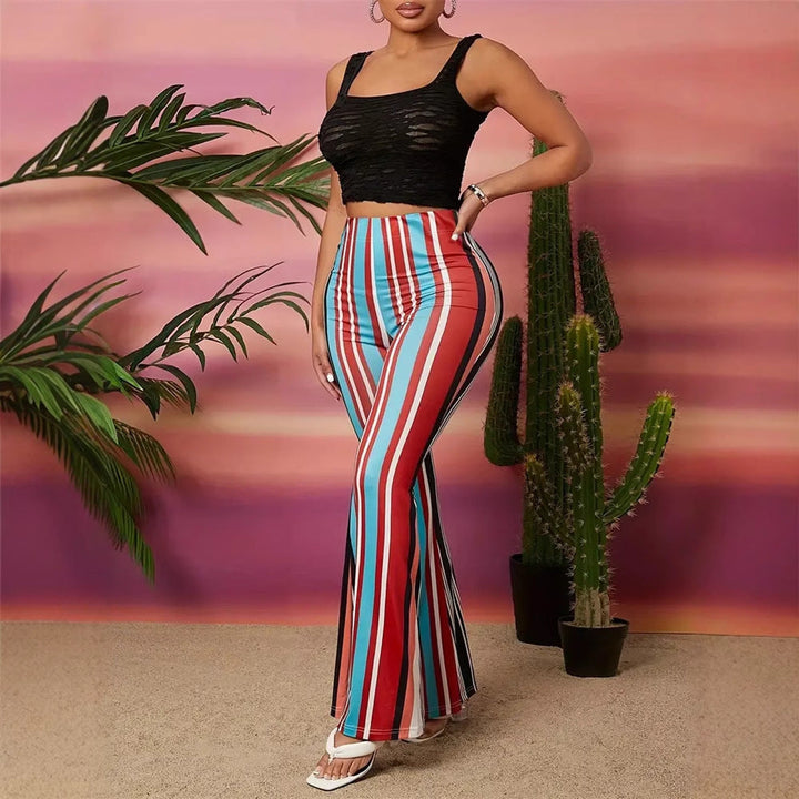Pantaloni a zampa da donna aderenti con motivo a strisce colorate