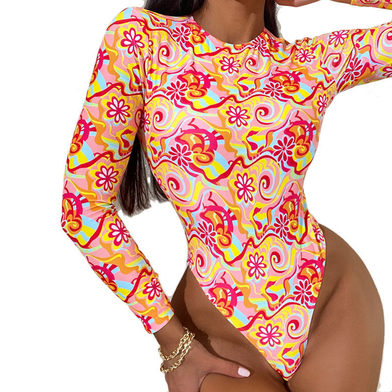 Costume da bagno da donna con manica lunga e motivo vivace
