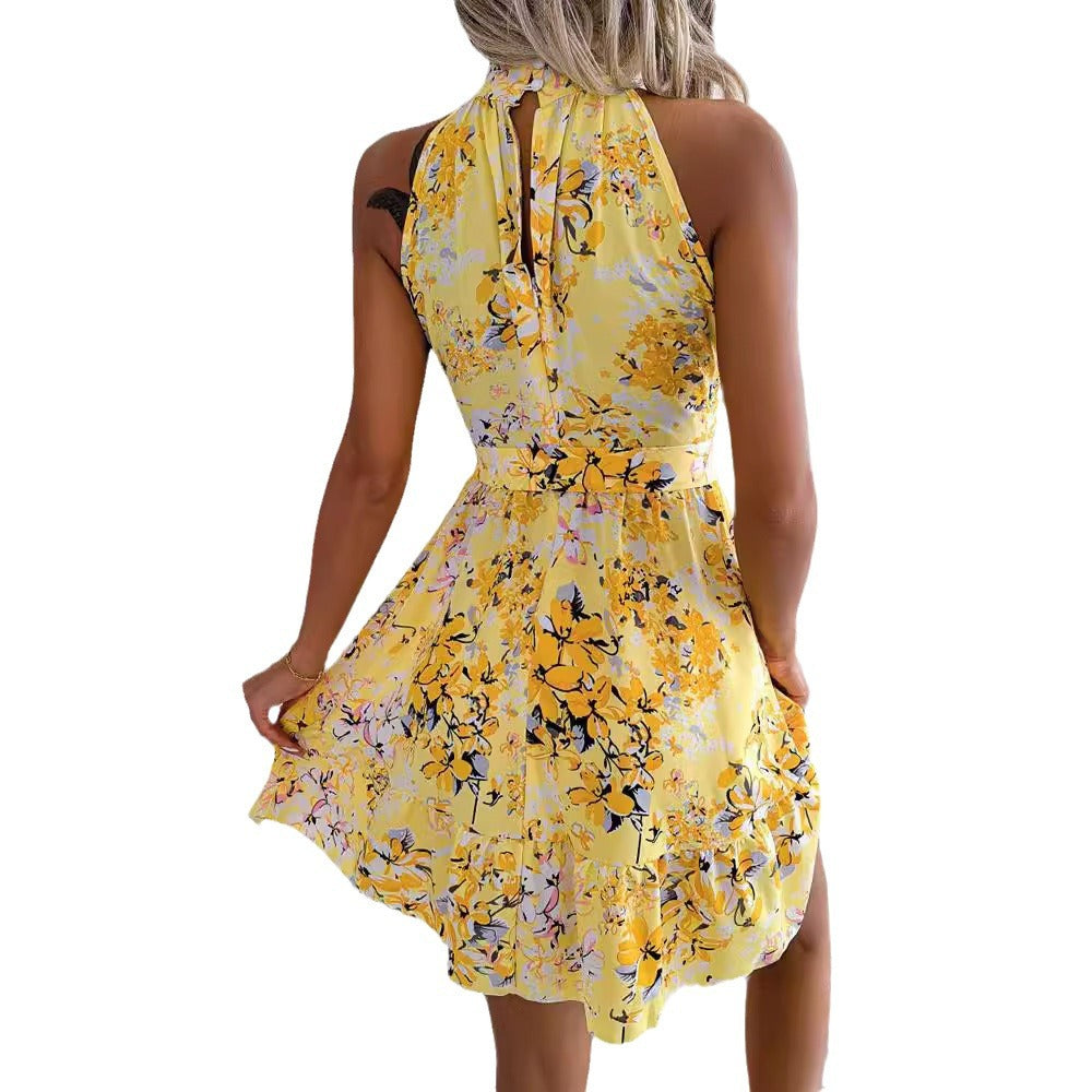 Damen verspieltes Sommerkleid mit hochgeschlossenem Ausschnitt und raffiniertem Blumendruck