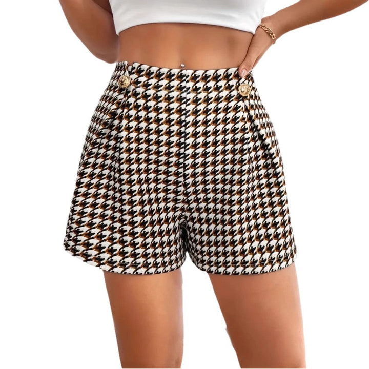 Shorts a vita alta a quadri da donna con dettagli a bottoni