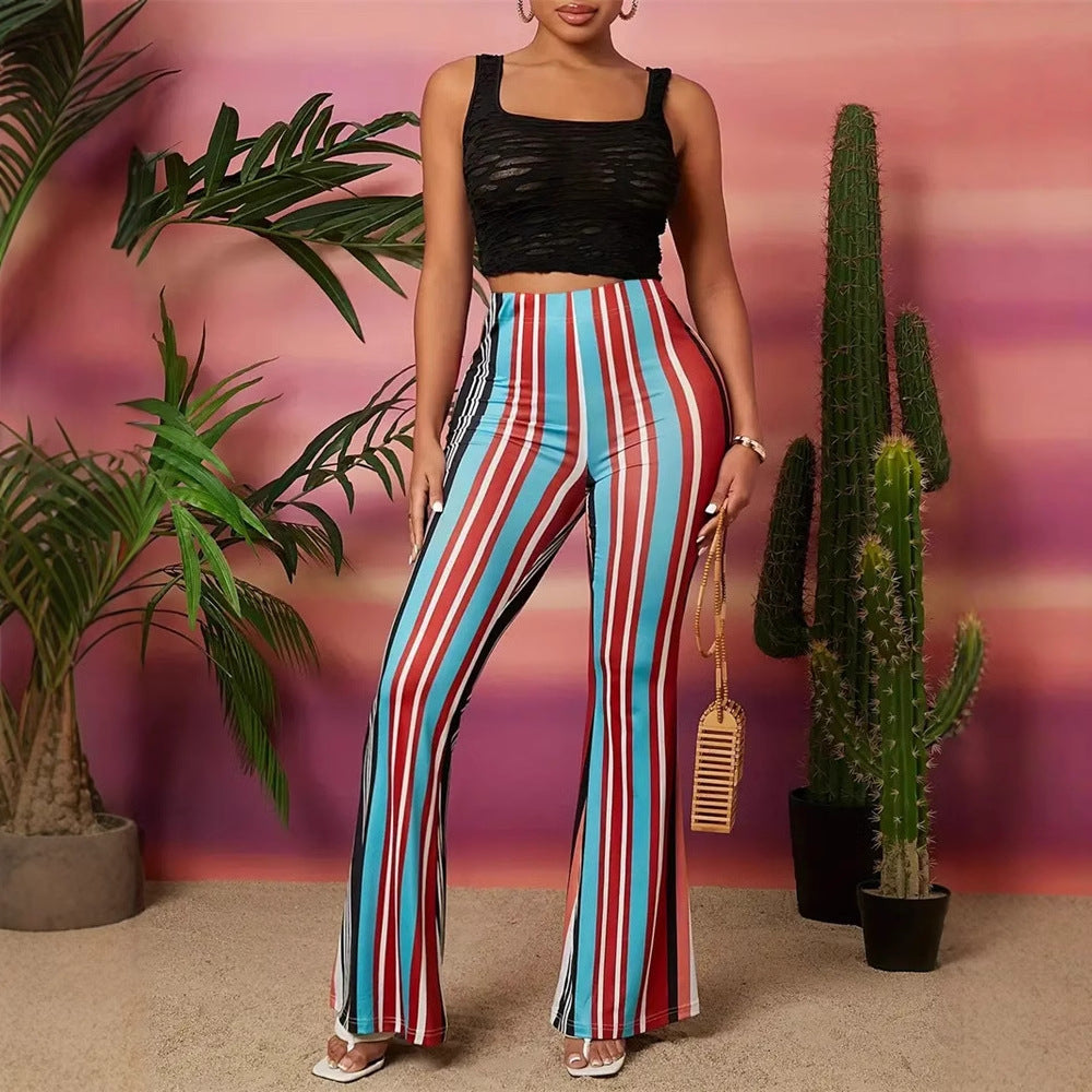 Pantaloni a zampa da donna aderenti con motivo a strisce colorate