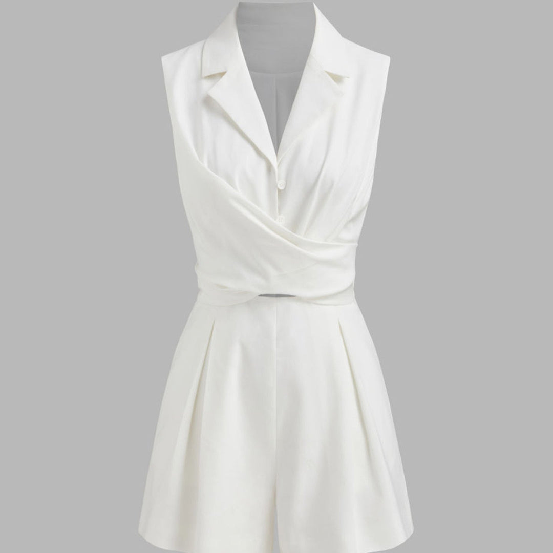 Damen eleganter kurzer Jumpsuit mit Wickeldesign und Kragen