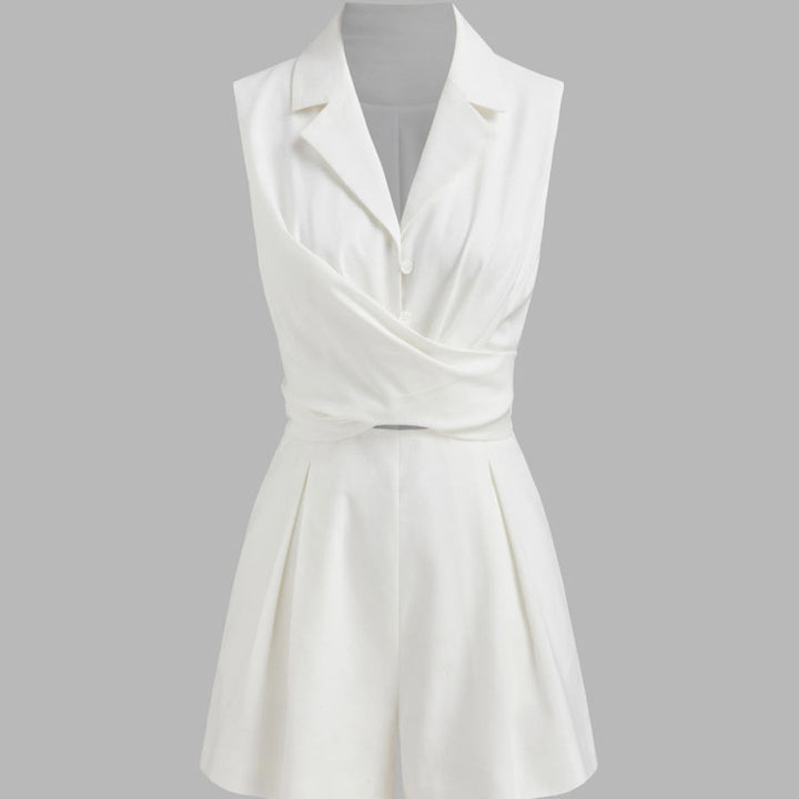 Damen eleganter kurzer Jumpsuit mit Wickeldesign und Kragen