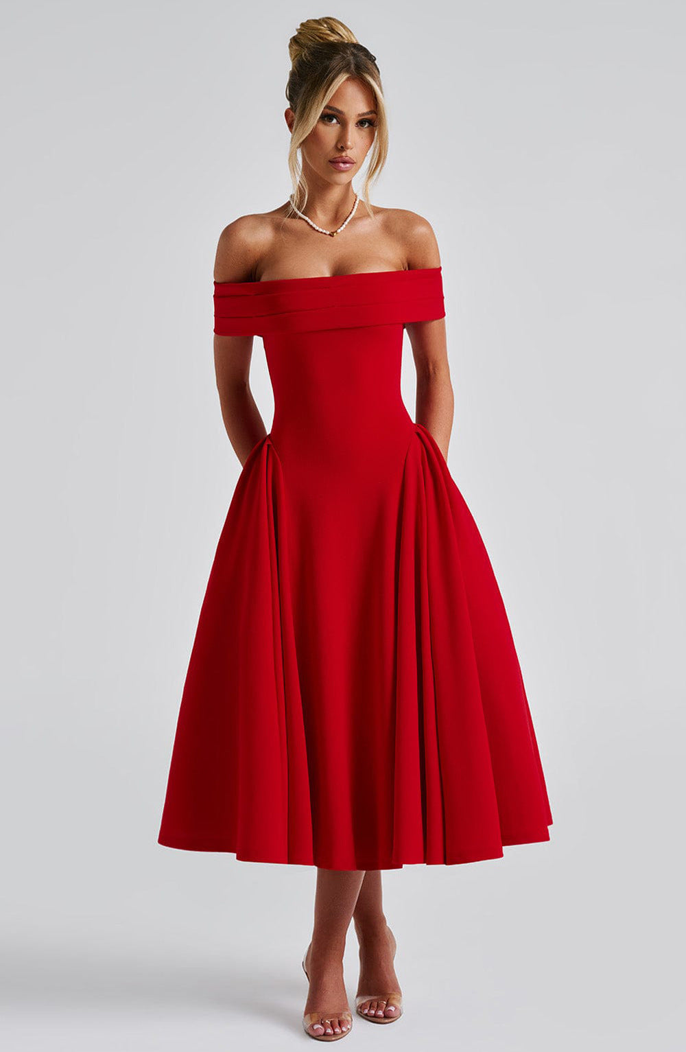 Robe midi femme élégance – épaules dénudées, coupe trapèze, tissu structuré