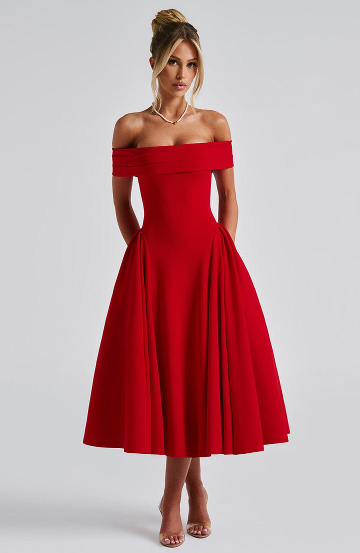 Robe midi femme élégance – épaules dénudées, coupe trapèze, tissu structuré