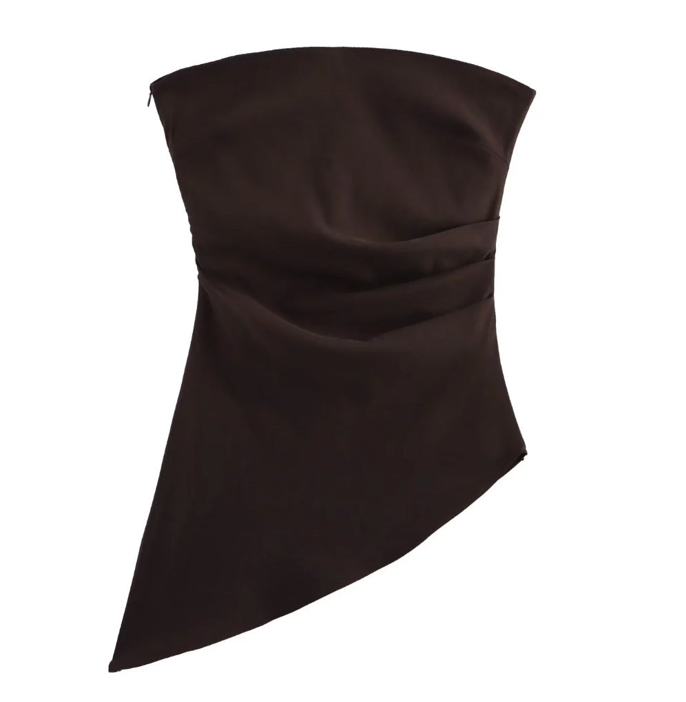 Top asimmetrico da donna in tessuto setoso con drappeggio