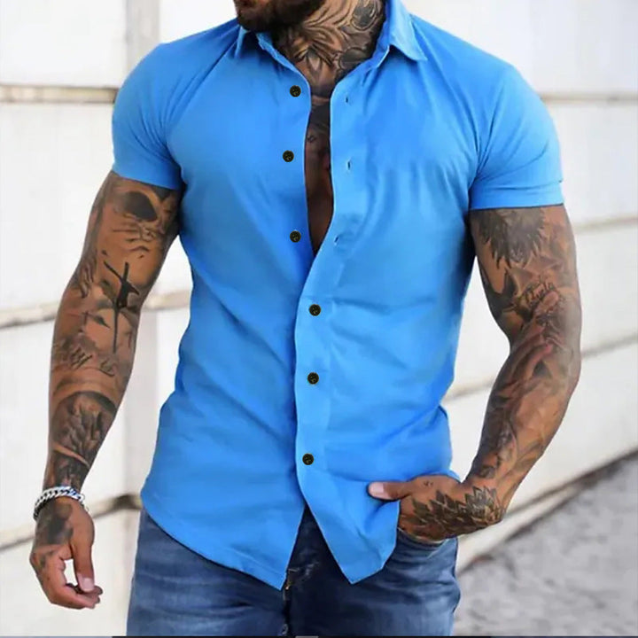 Men's Muscle Fit Short Sleeve Shirt with Stretch – Slim Fit Business Shirt for Fitness & Leisure