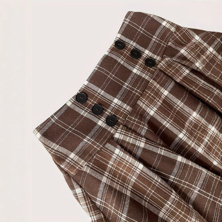 Gonna midi a quadri da donna con vita alta e bottoni decorativi