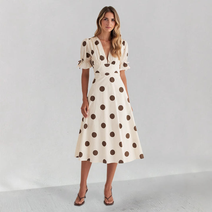 Abito midi da donna con scollo a V femminile e maniche a sbuffo arricciate