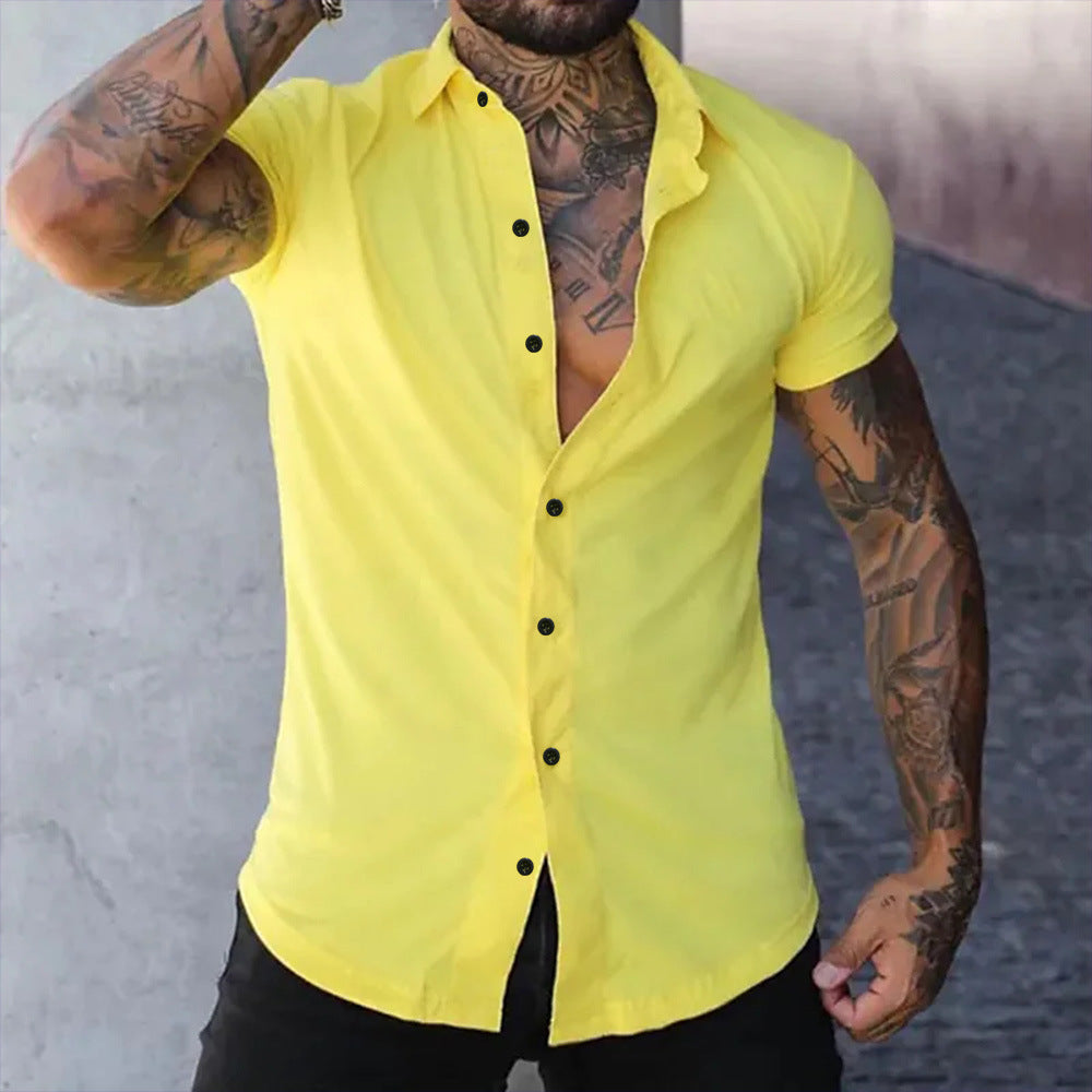 Men's Muscle Fit Short Sleeve Shirt with Stretch – Slim Fit Business Shirt for Fitness & Leisure