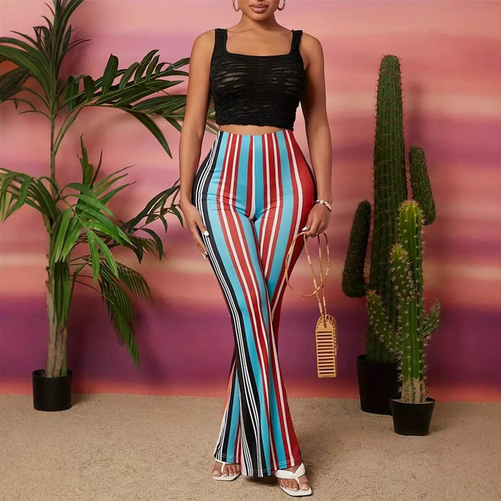 Pantaloni a zampa da donna aderenti con motivo a strisce colorate