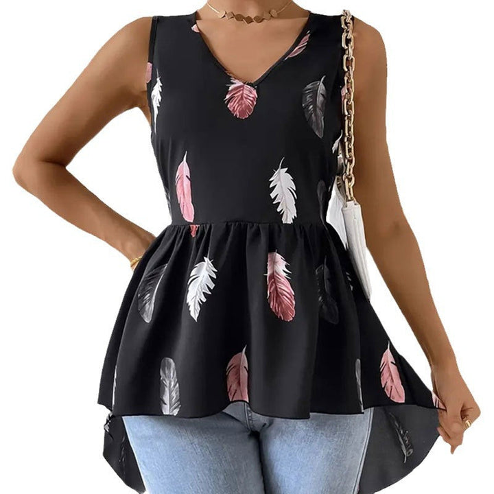 Camicia da donna leggera con scollo a V e stampa di piume – Leggera, traspirante e versatile