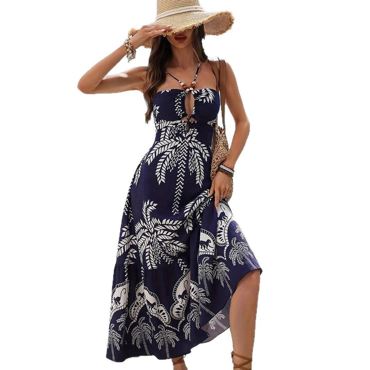 Robe maxi femme avec décolleté en V sophistiqué et imprimé palmier ludique