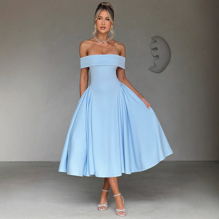 Robe midi femme élégance – épaules dénudées, coupe trapèze, tissu structuré