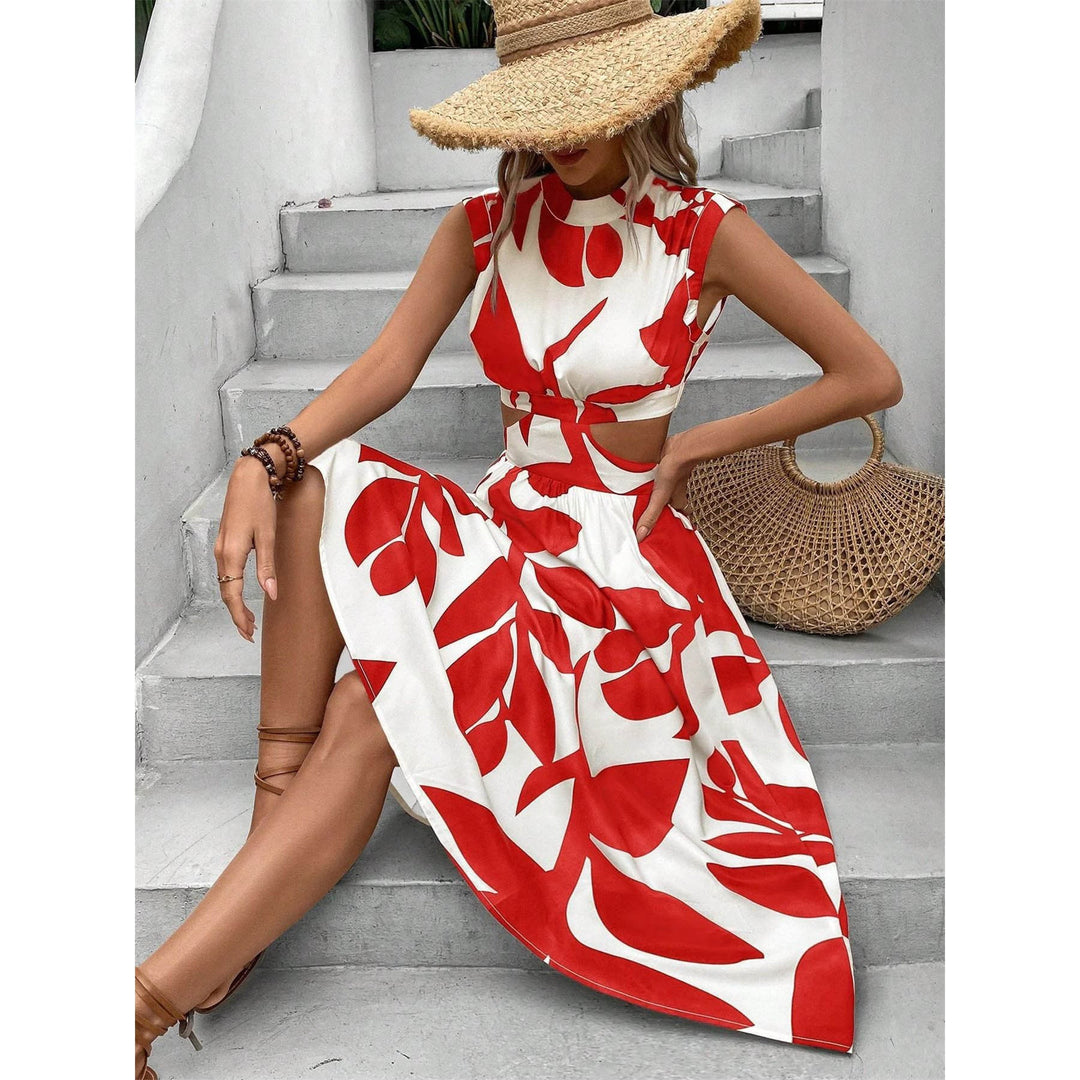 Abito midi da donna con dettagli cut-out e elegante stampa a foglie