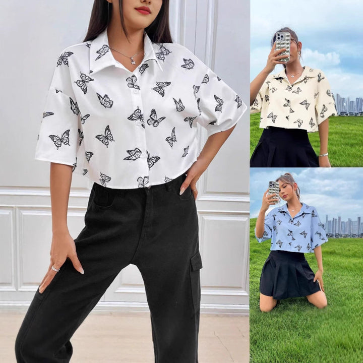 Women's short-sleeve blouse with modern butterfly pattern
