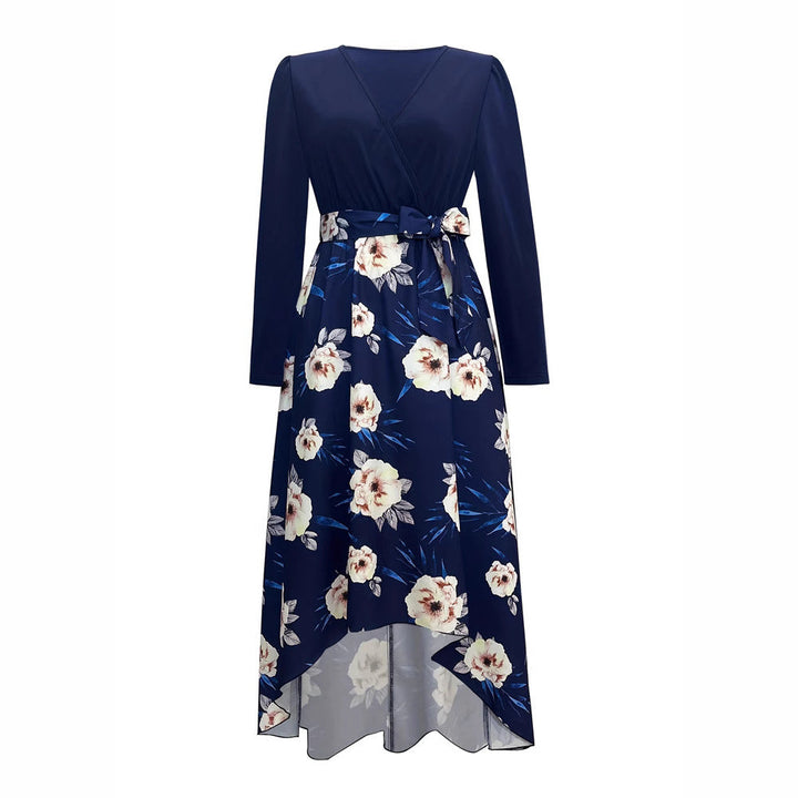 Abito lungo da donna con design moderno a incrocio e accenti floreali