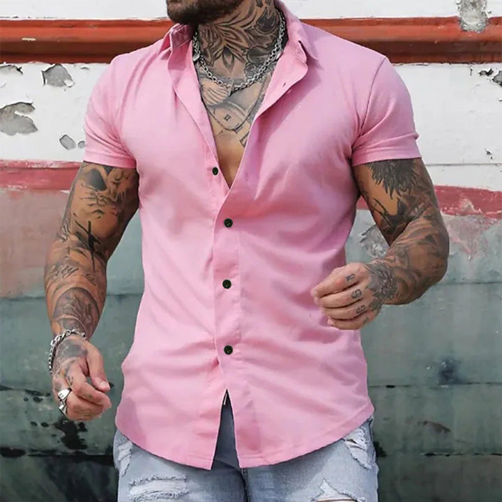 Men's Muscle Fit Short Sleeve Shirt with Stretch – Slim Fit Business Shirt for Fitness & Leisure