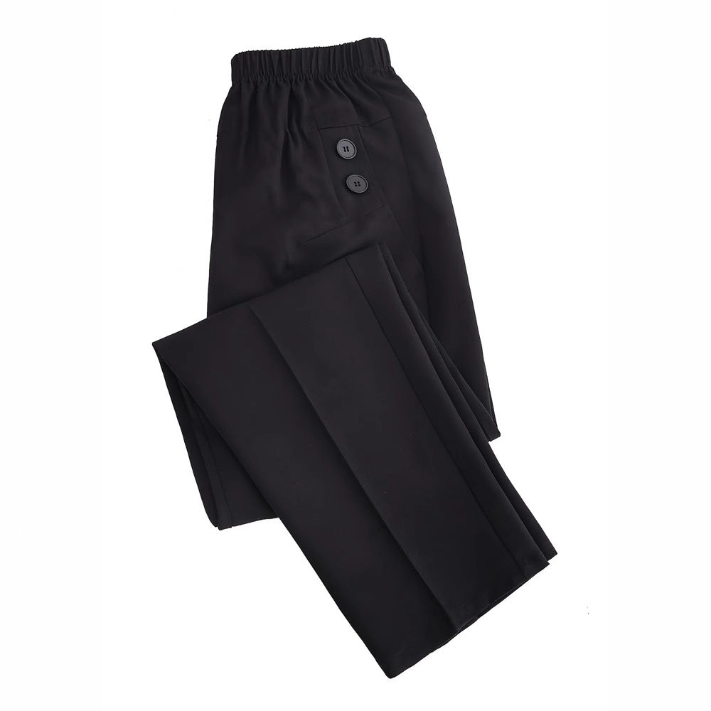 Pantaloni eleganti da donna a vita alta con dettagli decorativi a bottoni
