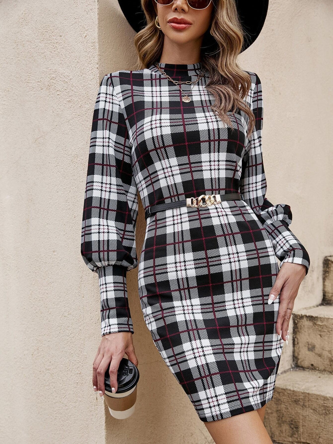 Women's mini dress in a modern check pattern with a trendy waist belt and elegant puff sleeves