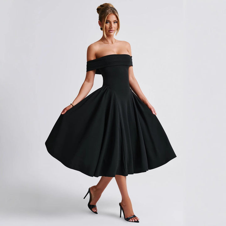 Robe midi femme élégance – épaules dénudées, coupe trapèze, tissu structuré