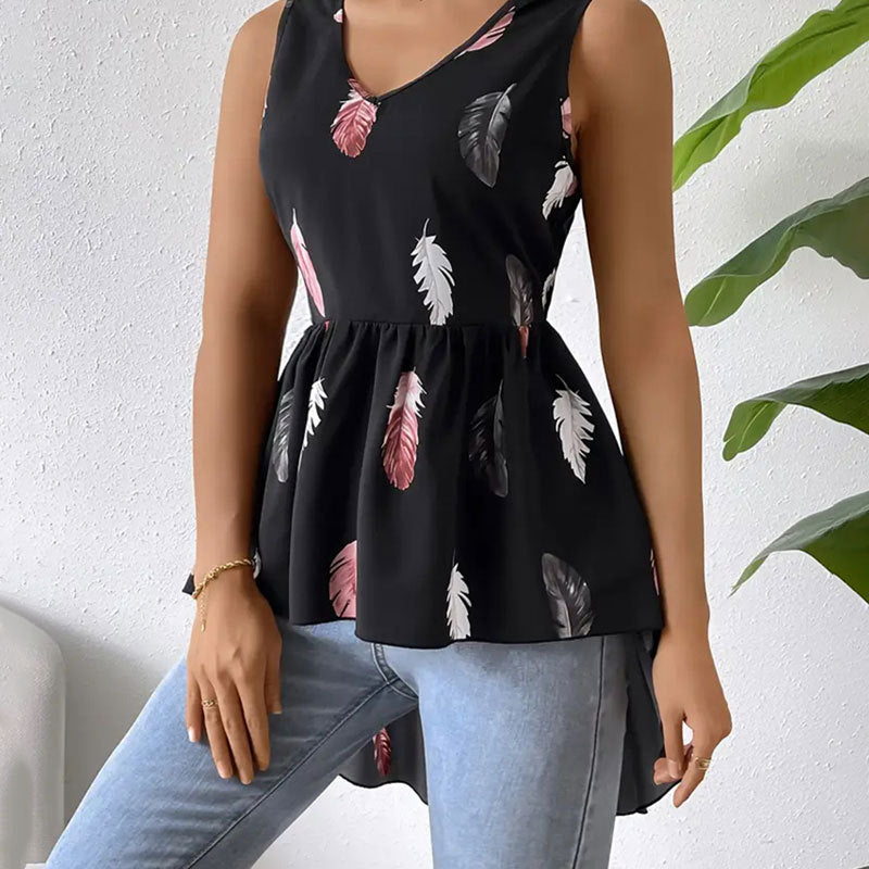 Camicia da donna leggera con scollo a V e stampa di piume – Leggera, traspirante e versatile