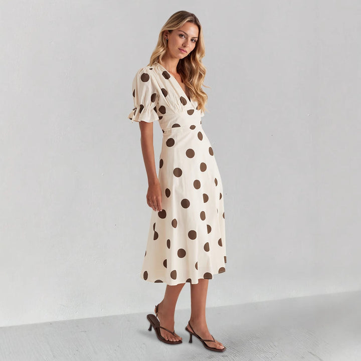 Abito midi da donna con scollo a V femminile e maniche a sbuffo arricciate