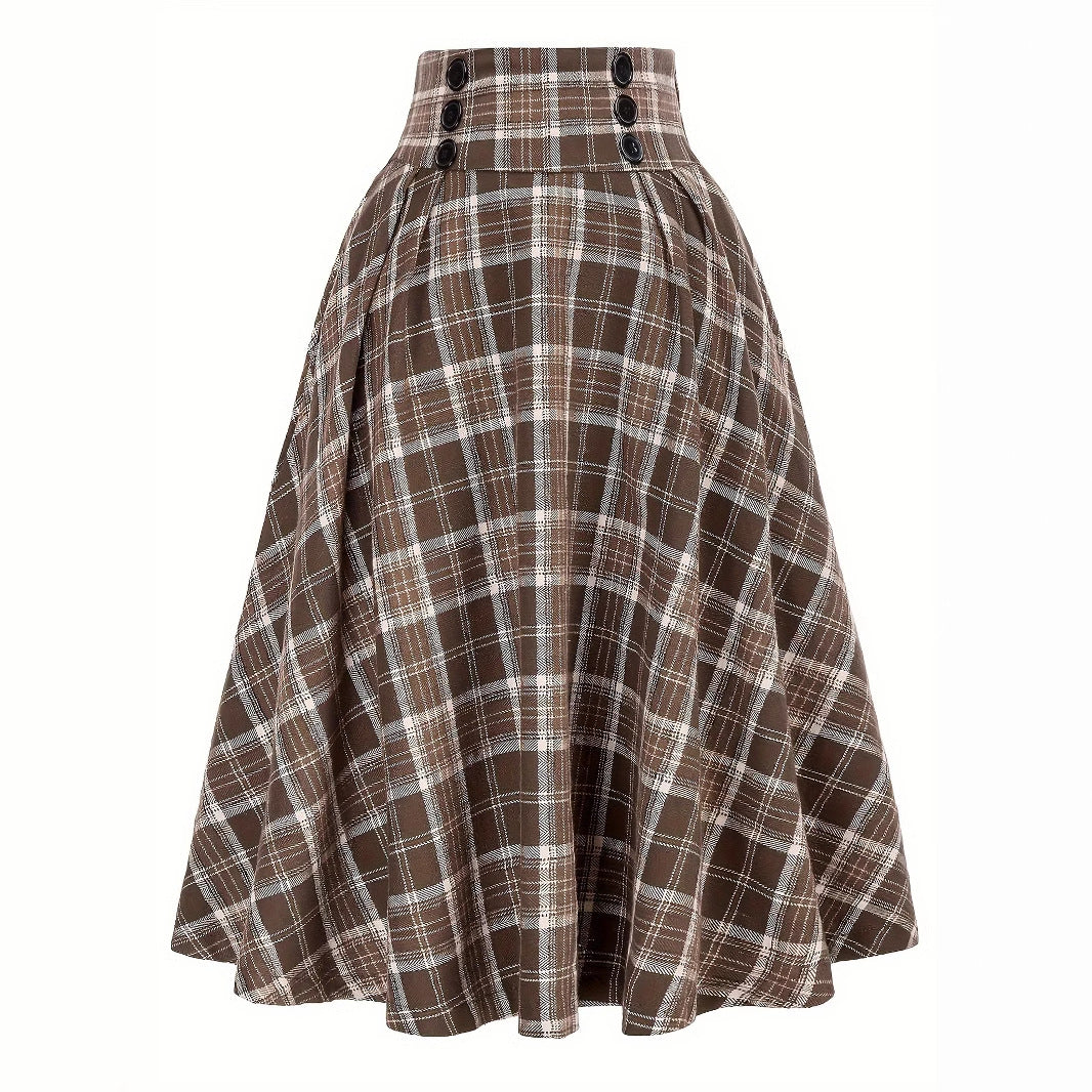 Gonna midi a quadri da donna con vita alta e bottoni decorativi