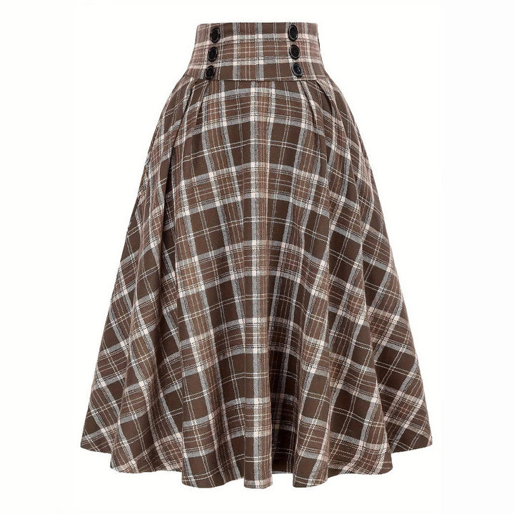 Gonna midi a quadri da donna con vita alta e bottoni decorativi