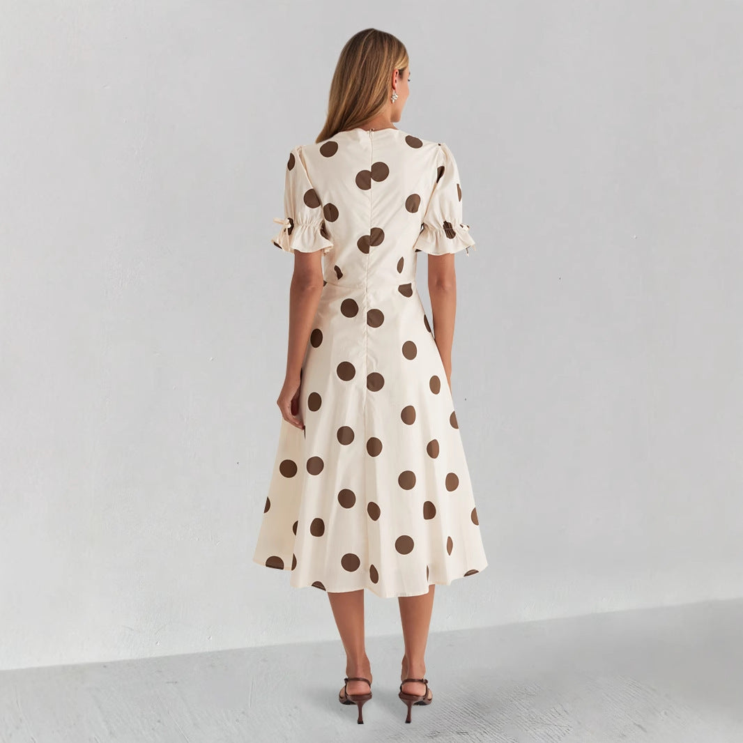 Abito midi da donna con scollo a V femminile e maniche a sbuffo arricciate