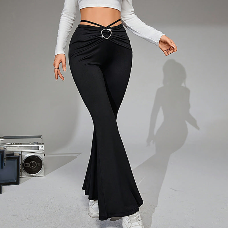 Pantaloni a vita alta svasati eleganti da donna con cintura decorativa a forma di cuore