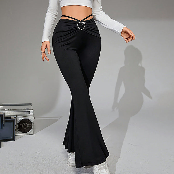 Pantaloni a vita alta svasati eleganti da donna con cintura decorativa a forma di cuore